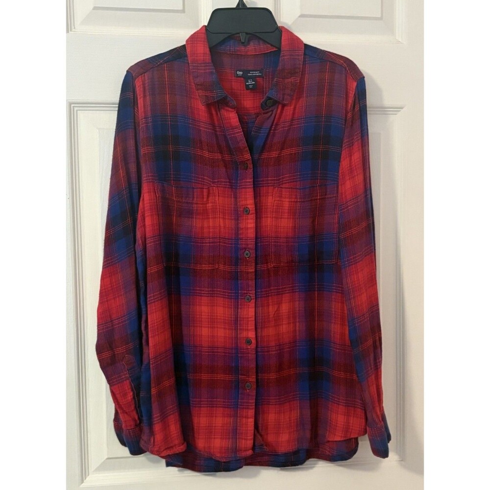 Gap Boyfriend Fit Womens Button Down Flannel Shirt Size S Red Plaid Pocket